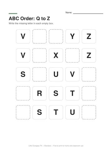 Printable worksheet with rows of letters from Q to Z where a child writes the missing letter