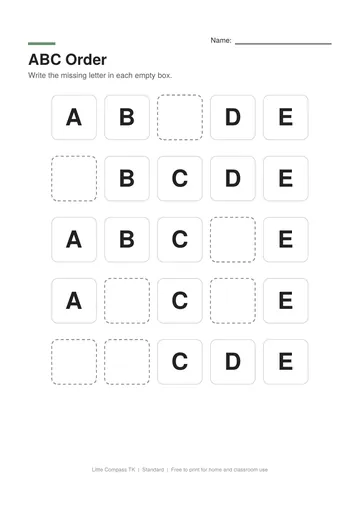 Printable worksheet with rows of the alphabet where a child writes the missing letter in each empty box