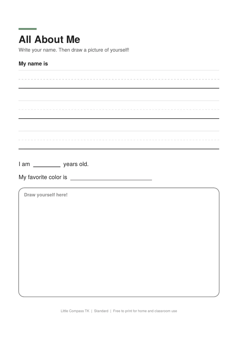 Printable worksheet with handwriting lines for a child to write their name and a box to draw themselves