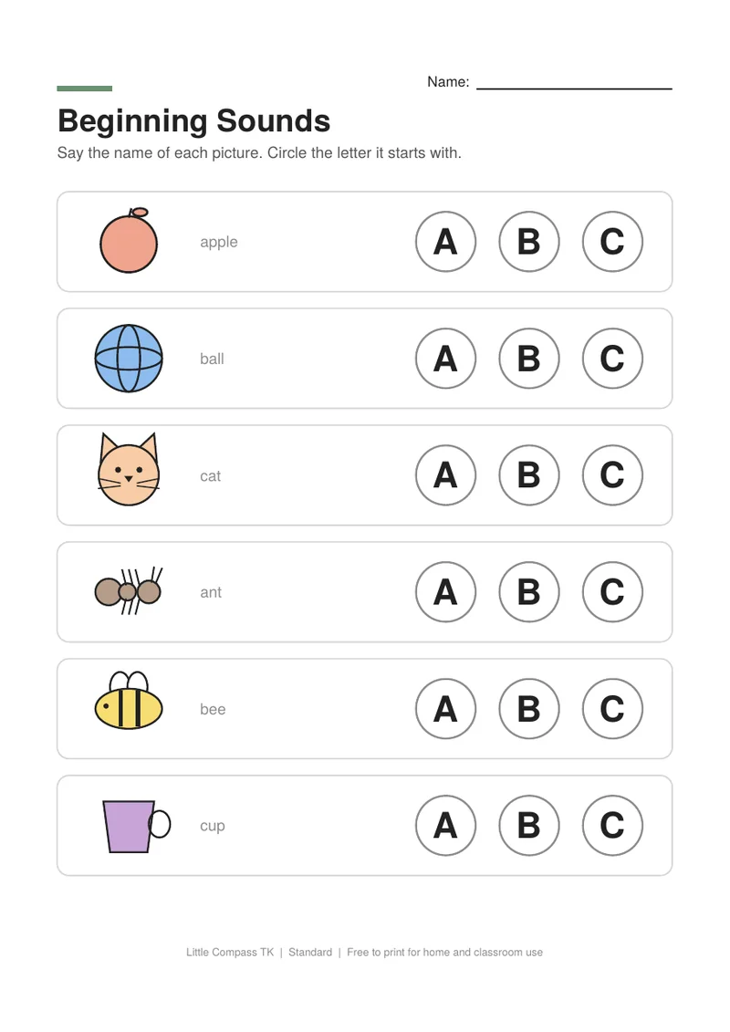 Printable worksheet with pictures of an apple, ball, cat, ant, bee and cup next to letters A, B and C to circle