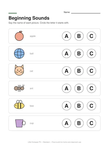 Printable worksheet with pictures of an apple, ball, cat, ant, bee and cup next to letters A, B and C to circle