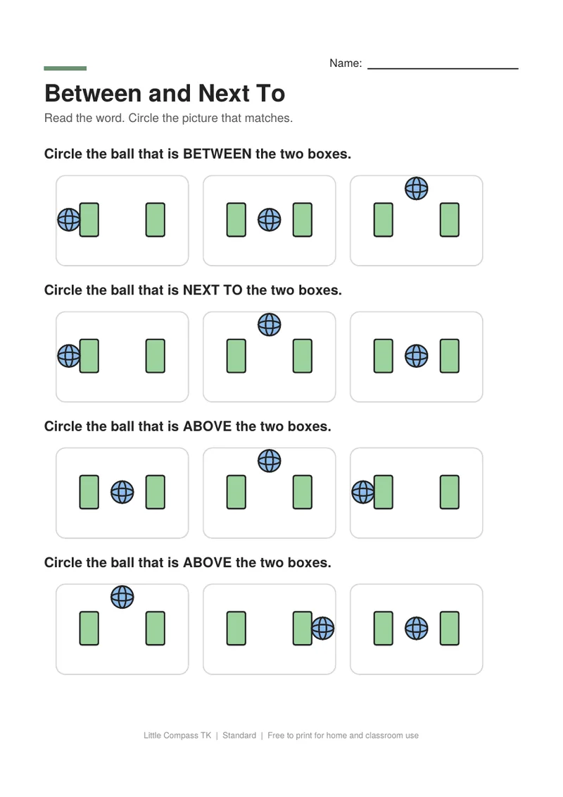 Printable worksheet with three pictures per row showing a ball between two boxes, next to them or above them