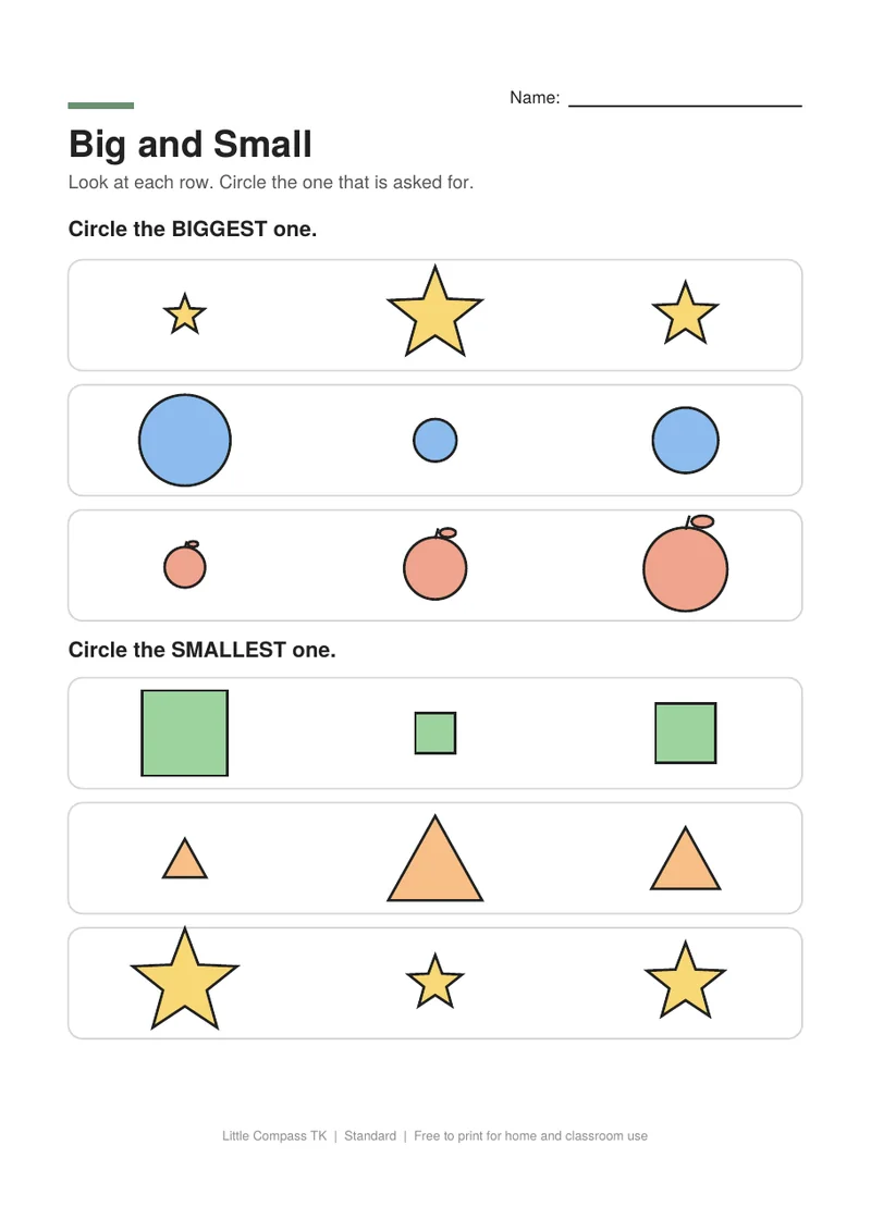Printable worksheet with rows of three shapes in different sizes for circling the biggest or smallest