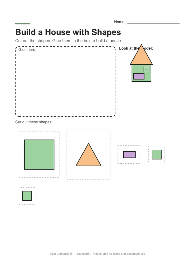 Printable worksheet with a model house made of shapes and cut-out shapes to glue into a house