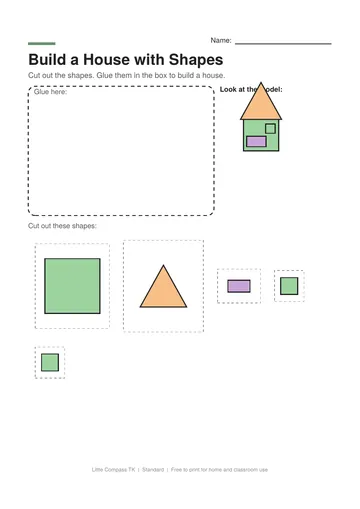 Printable worksheet with a model house made of shapes and cut-out shapes to glue into a house
