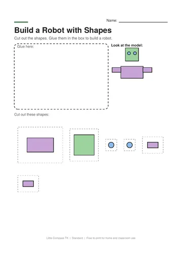 Printable worksheet with a model robot made of shapes and cut-out shapes to glue into a robot