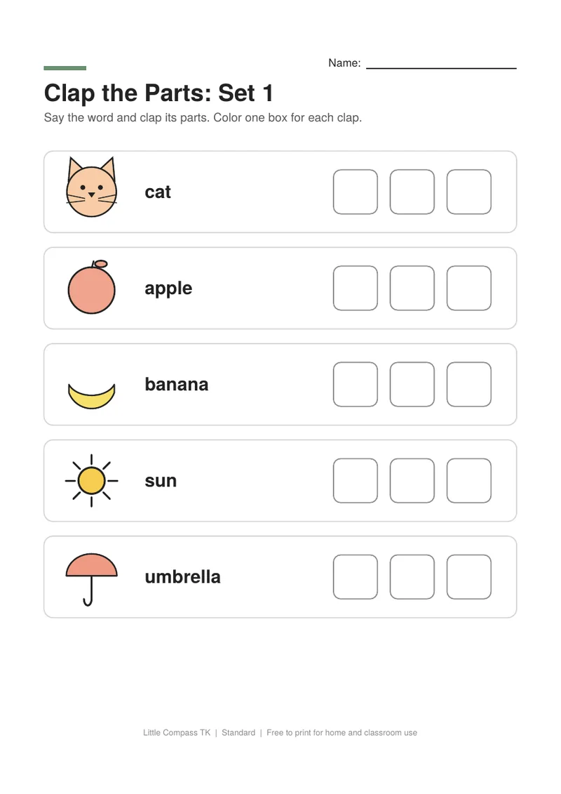 Printable worksheet with pictures to say and clap, and boxes to color for each part