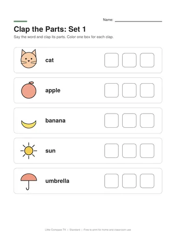 Printable worksheet with pictures to say and clap, and boxes to color for each part