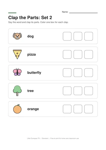 Printable worksheet with pictures to say and clap, and boxes to color for each part