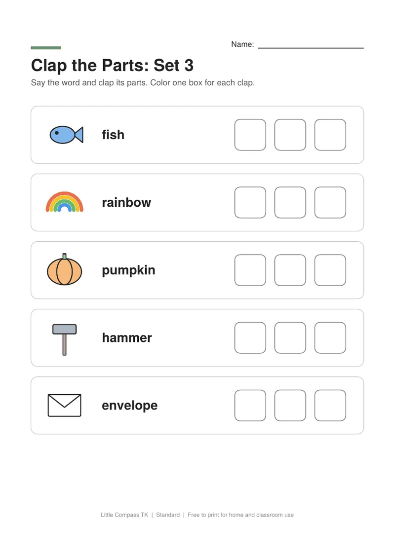 Printable worksheet with pictures to say and clap, and boxes to color for each part