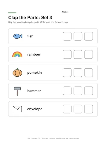 Printable worksheet with pictures to say and clap, and boxes to color for each part