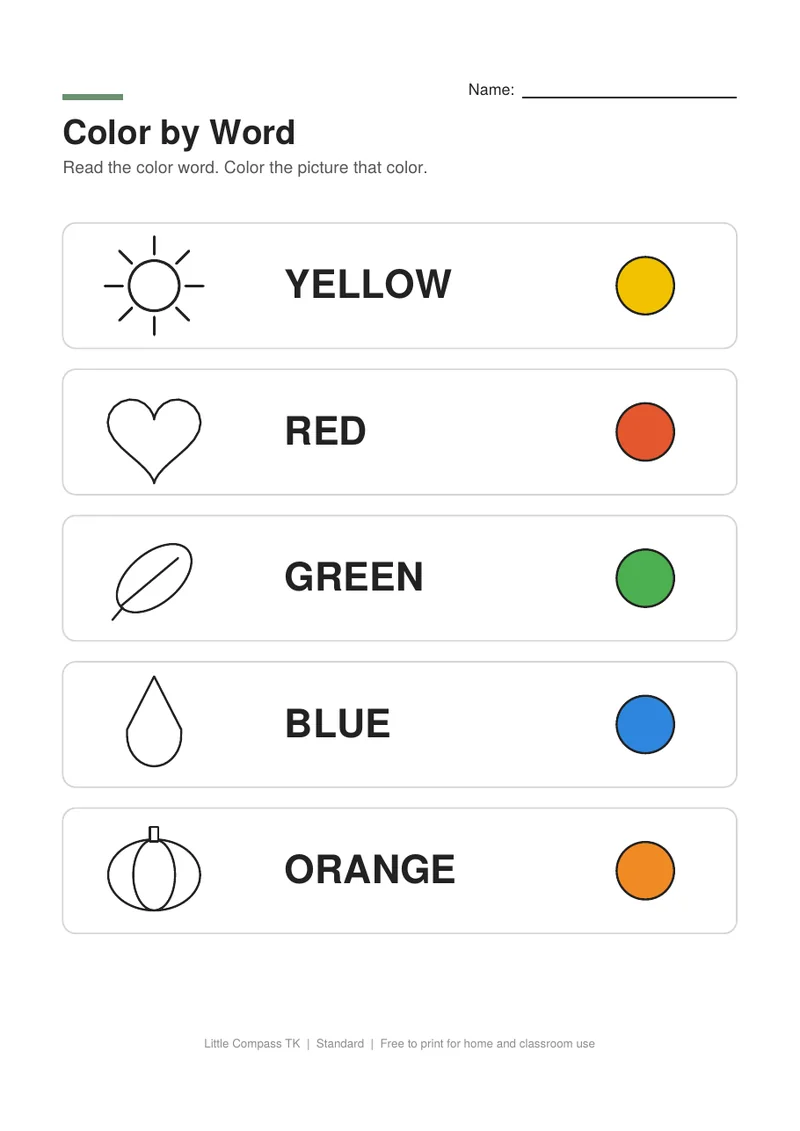 Printable worksheet with outline pictures of a sun, heart, leaf, raindrop and pumpkin to color by the color word