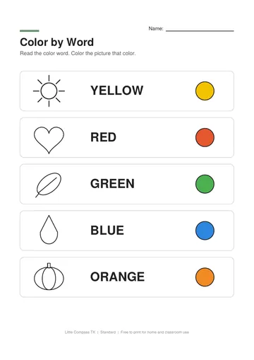 Printable worksheet with outline pictures of a sun, heart, leaf, raindrop and pumpkin to color by the color word