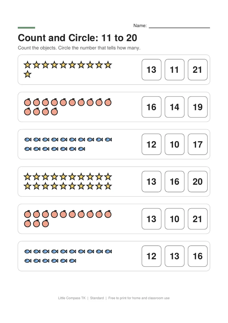 Printable counting worksheet with groups of eleven to twenty pictures and number choices to circle
