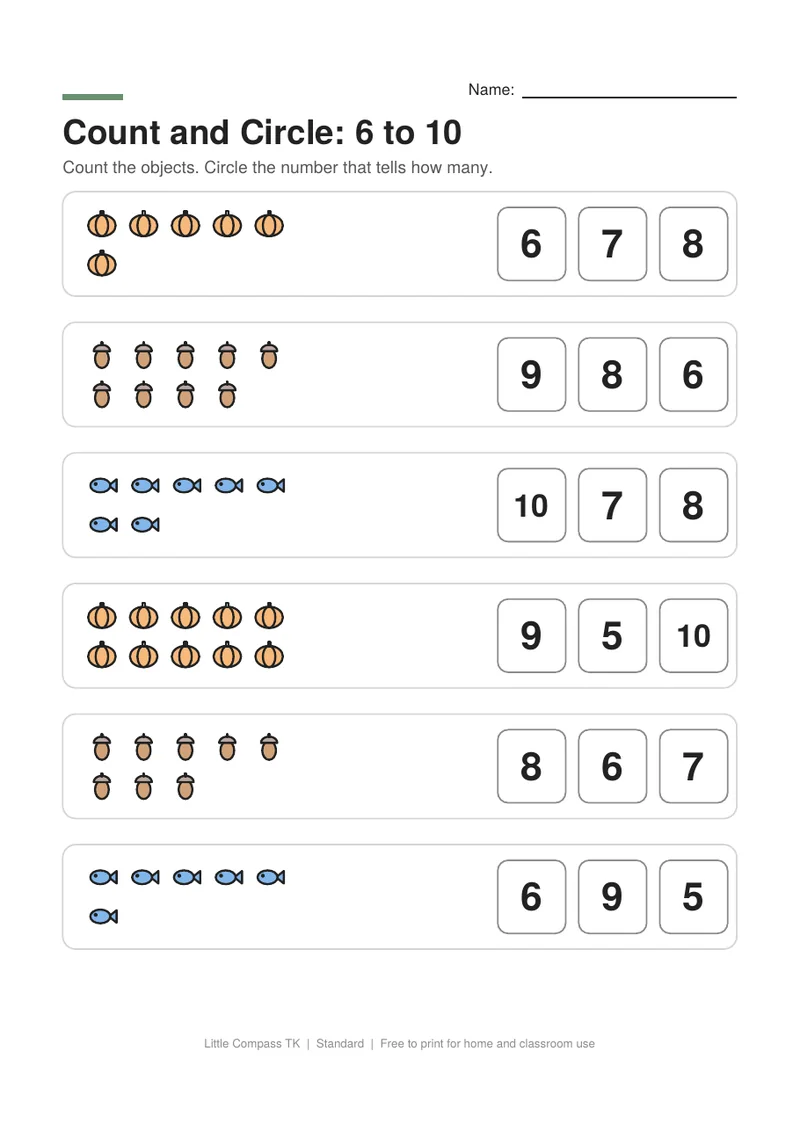 Printable counting worksheet with groups of six to ten pictures and number choices to circle