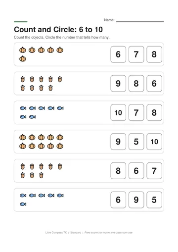 Printable counting worksheet with groups of six to ten pictures and number choices to circle