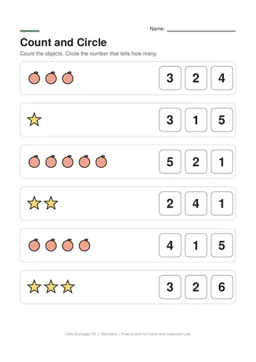 Printable counting worksheet with rows of apples and stars and three number choices to circle