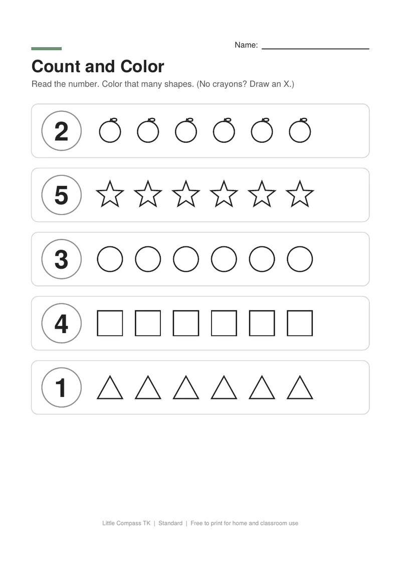 Printable worksheet where a child colors the number of apples, stars, circles and squares shown by each number