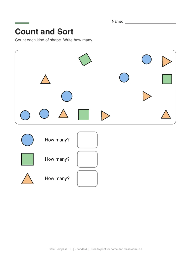 Printable worksheet with a scattered mix of shapes and boxes for writing how many of each