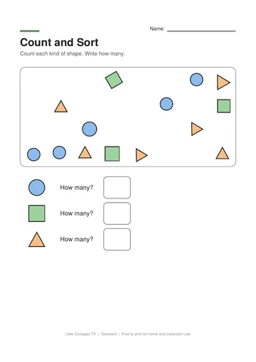 Printable worksheet with a scattered mix of shapes and boxes for writing how many of each