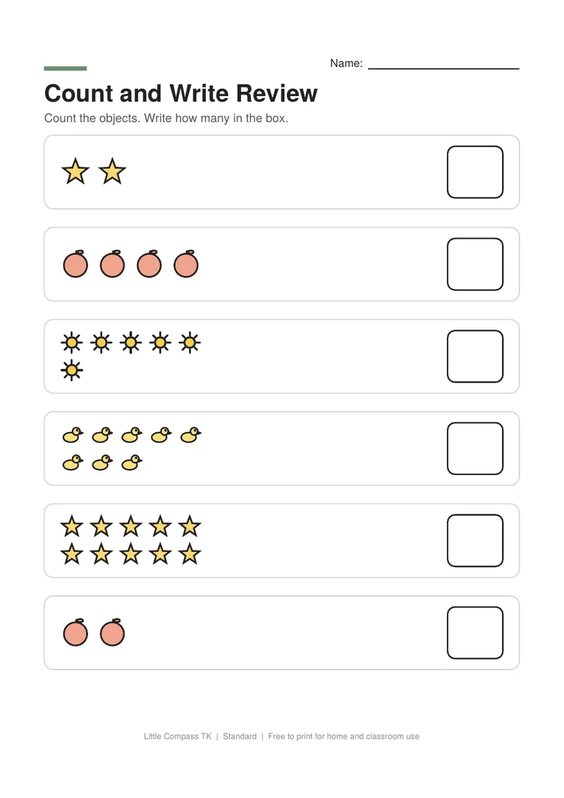 Printable review worksheet with groups of pictures to count and a box to write how many