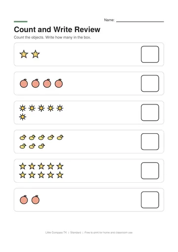 Printable review worksheet with groups of pictures to count and a box to write how many