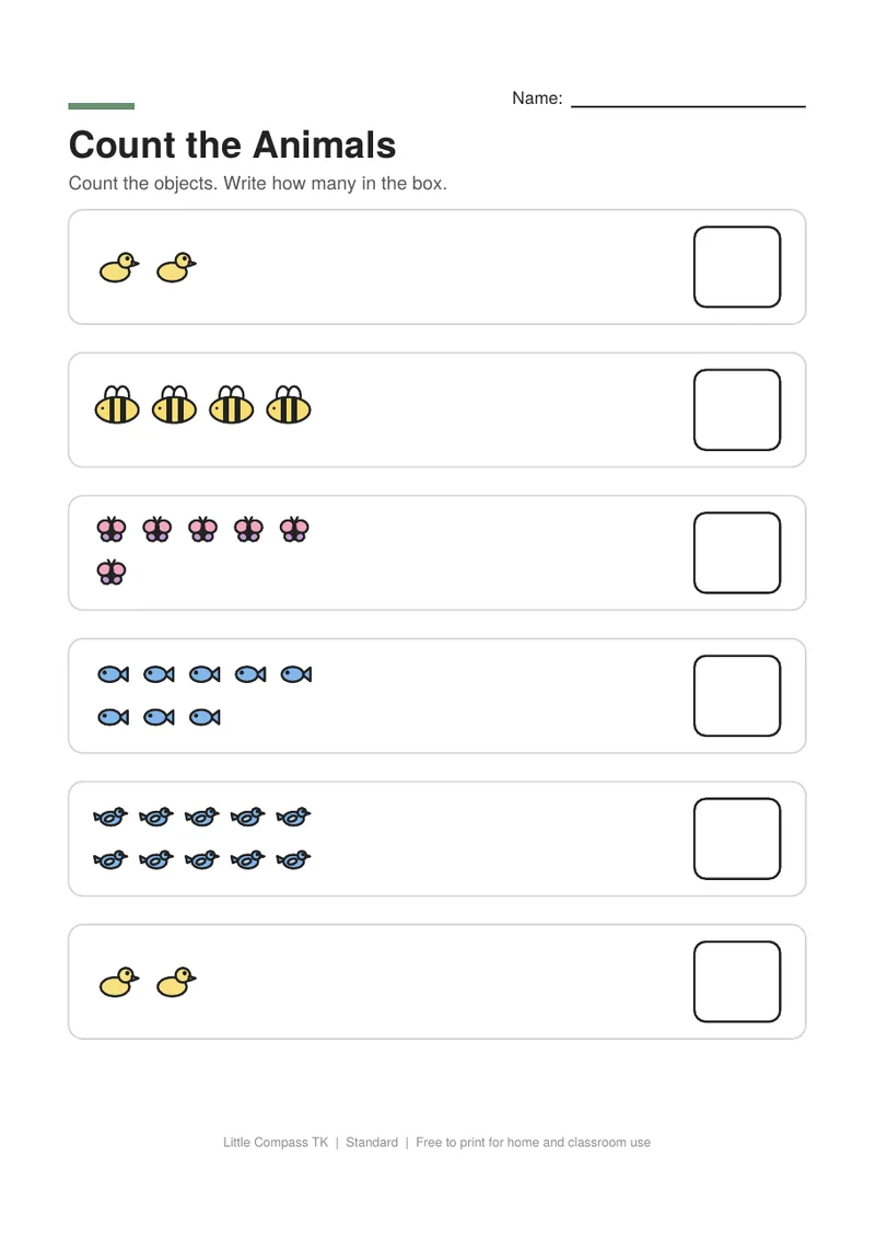 Printable worksheet with groups of animals to count and a box to write how many