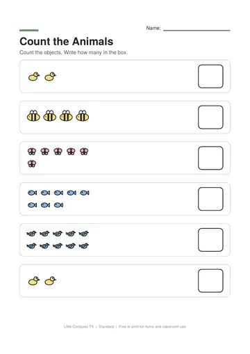 Printable worksheet with groups of animals to count and a box to write how many
