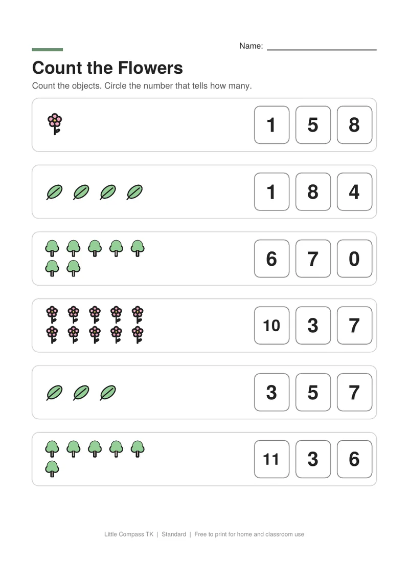 Printable counting worksheet with groups of flowers, leaves and trees and number choices to circle