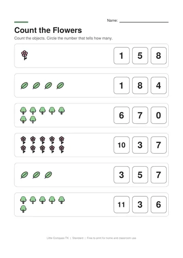 Printable counting worksheet with groups of flowers, leaves and trees and number choices to circle