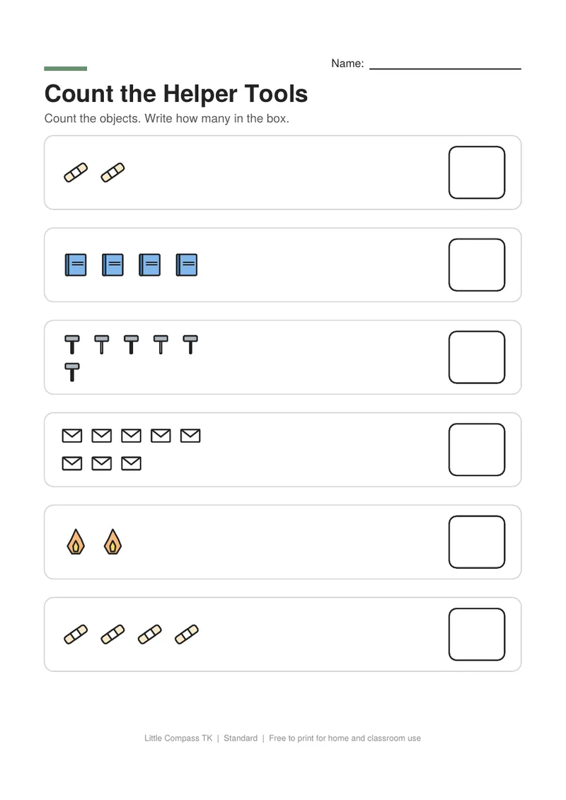 Printable worksheet with groups of tools to count and a box to write how many