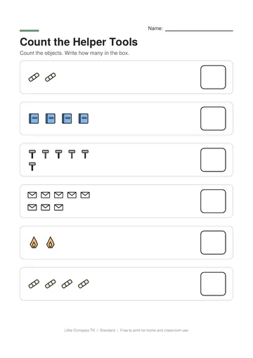 Printable worksheet with groups of tools to count and a box to write how many