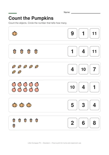 Printable fall counting worksheet with groups of pumpkins, acorns, leaves and apples and number choices