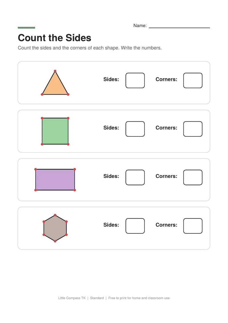 Printable worksheet with a triangle, square, rectangle and hexagon with boxes to write the number of sides and corners