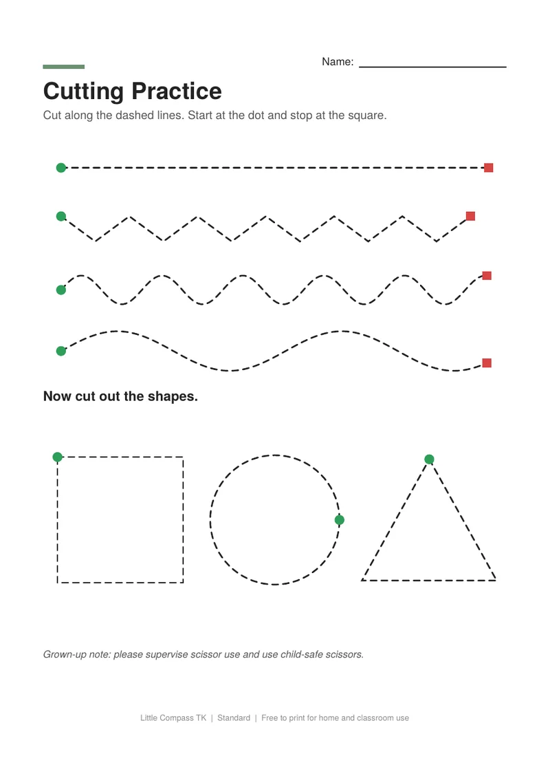 Printable cutting practice worksheet with dashed straight, zigzag, and wavy lines and a square, circle, and triangle to cut out