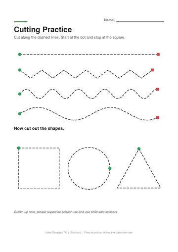 Printable cutting practice worksheet with dashed straight, zigzag, and wavy lines and a square, circle, and triangle to cut out