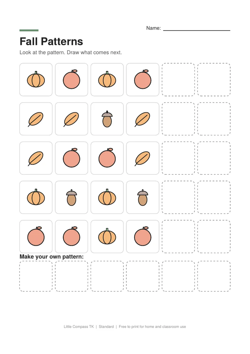 Printable worksheet with rows of repeating fall pictures and blank boxes to draw what comes next