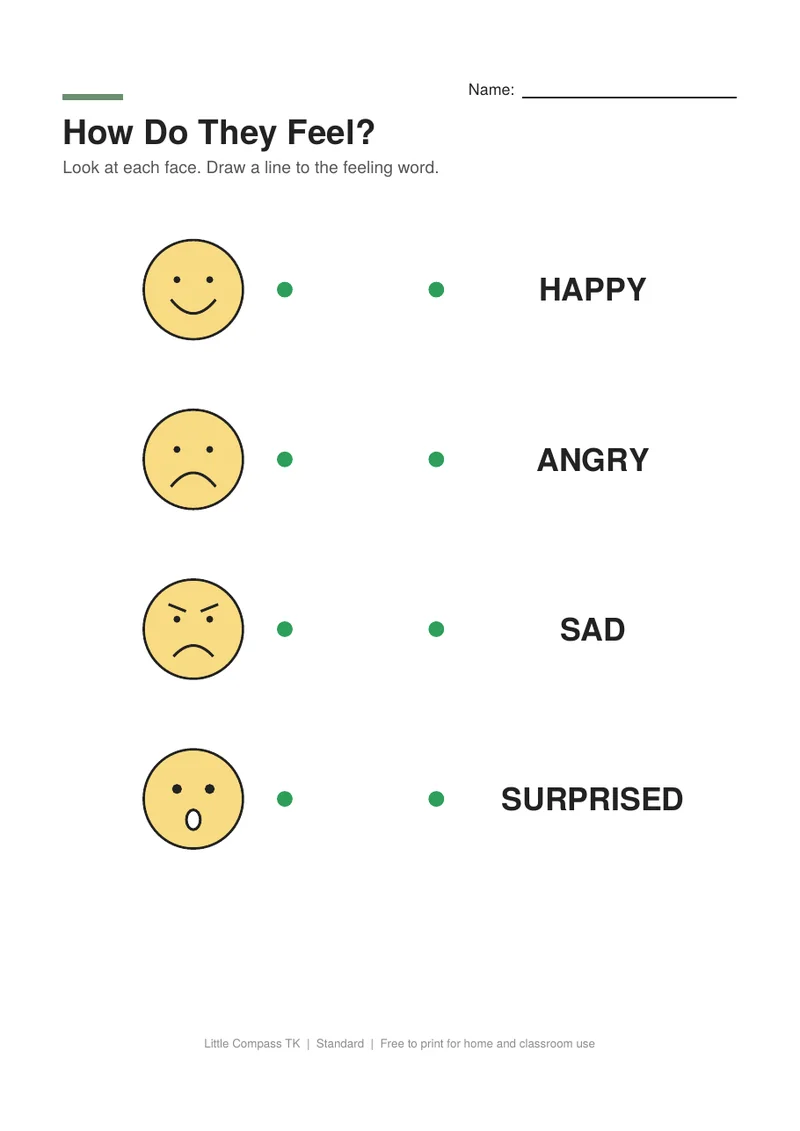 Printable worksheet with faces showing different feelings to connect with feeling words
