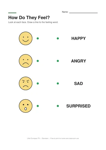 Printable worksheet with faces showing different feelings to connect with feeling words