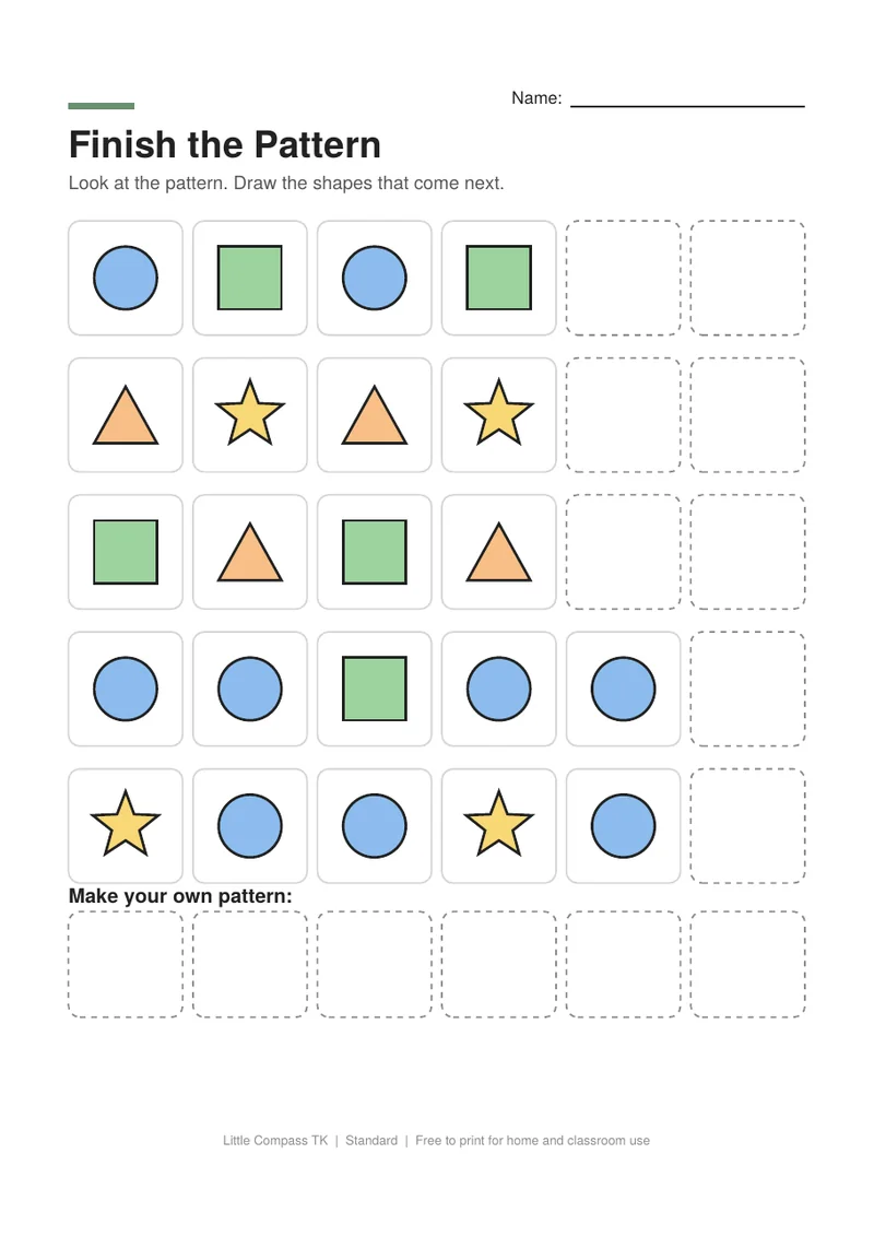 Printable pattern worksheet with rows of repeating shapes and blank boxes for a child to draw what comes next