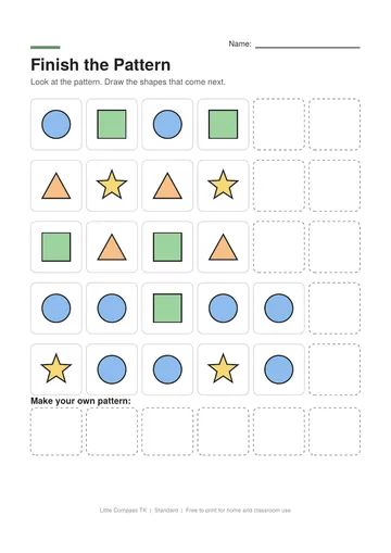 Printable pattern worksheet with rows of repeating shapes and blank boxes for a child to draw what comes next