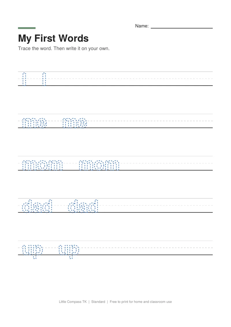 Printable worksheet with dashed words I, me, mom, dad, up and go on handwriting lines