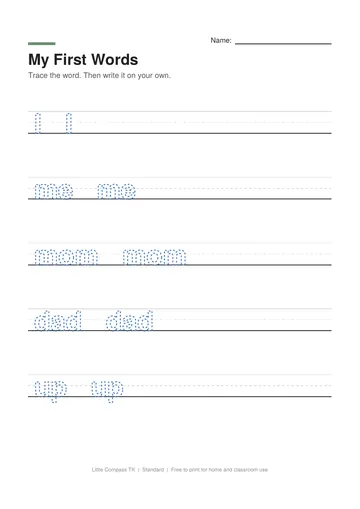 Printable worksheet with dashed words I, me, mom, dad, up and go on handwriting lines