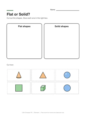 Printable worksheet with boxes for flat shapes and solid shapes and cut-out shapes to sort