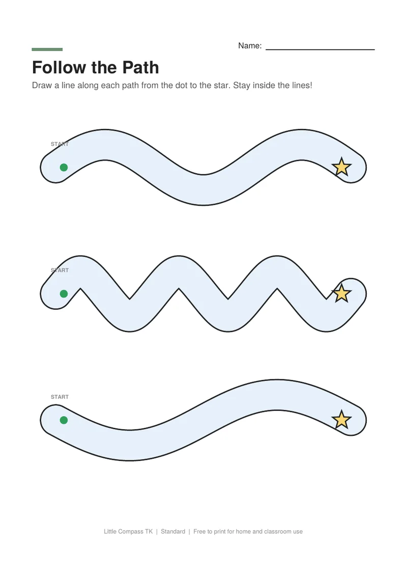 Printable worksheet with three wavy paths for a child to follow from a green dot to a star