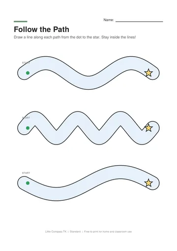 Printable worksheet with three wavy paths for a child to follow from a green dot to a star