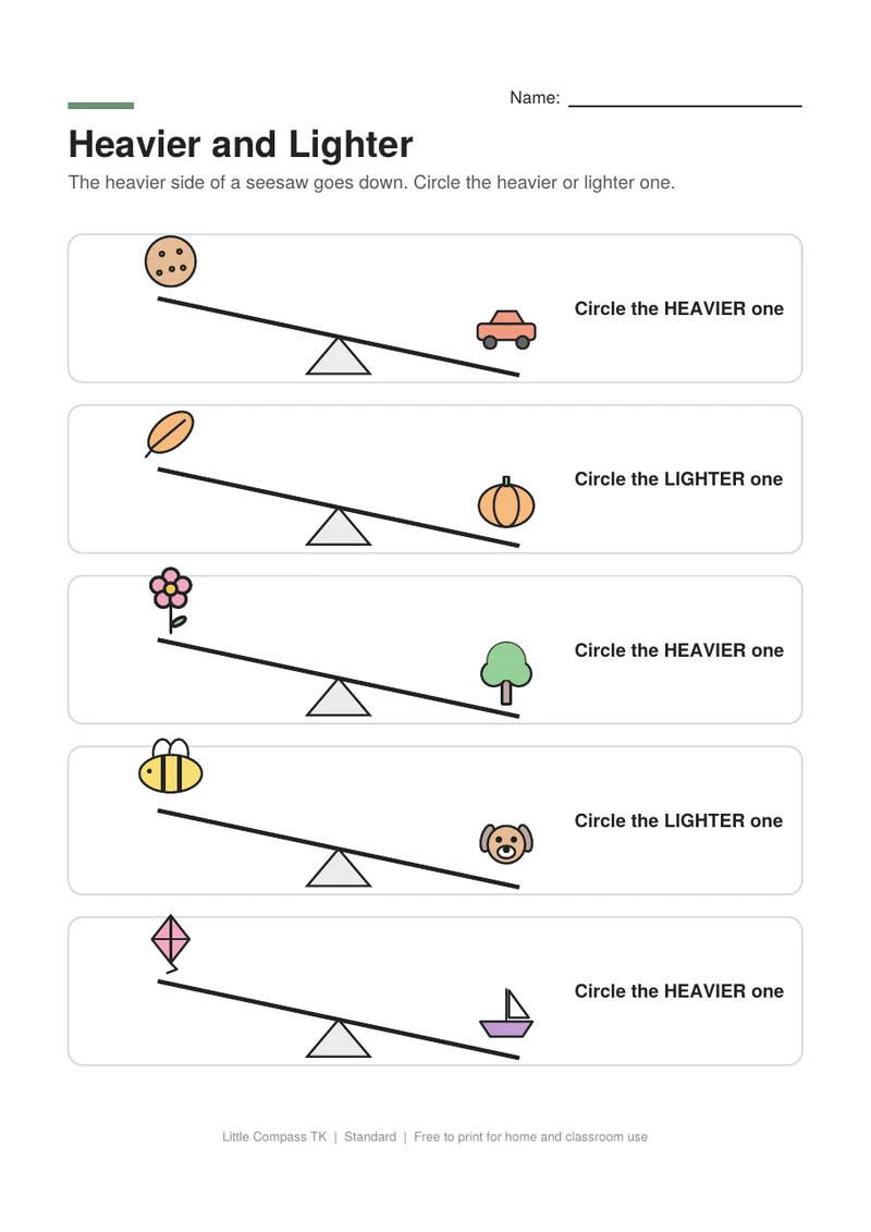 Printable worksheet with seesaws holding pairs of pictures where a child circles the heavier or lighter one