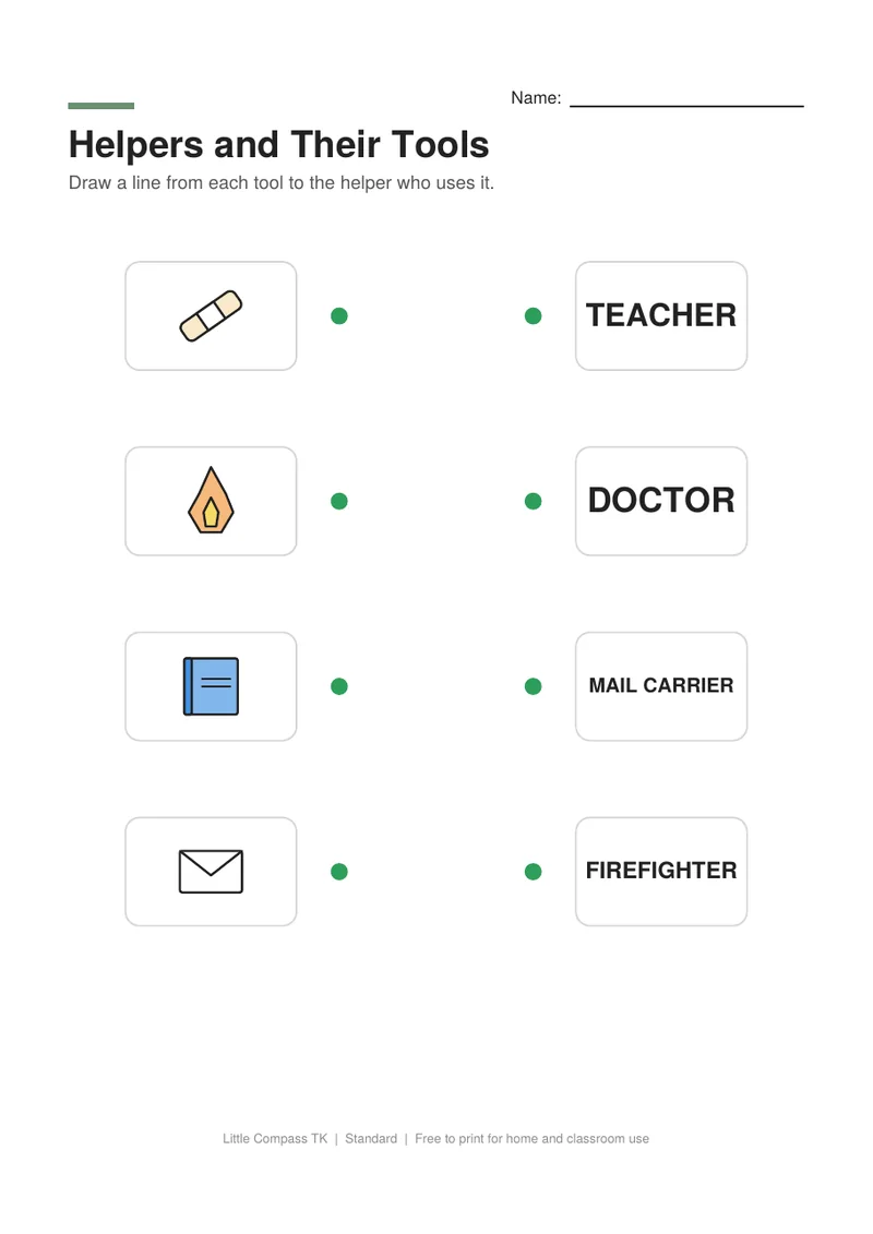 Printable worksheet connecting a bandage, flame, book, envelope and hammer to the helpers who use them