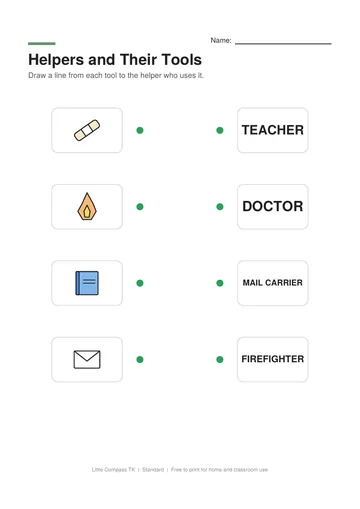 Printable worksheet connecting a bandage, flame, book, envelope and hammer to the helpers who use them