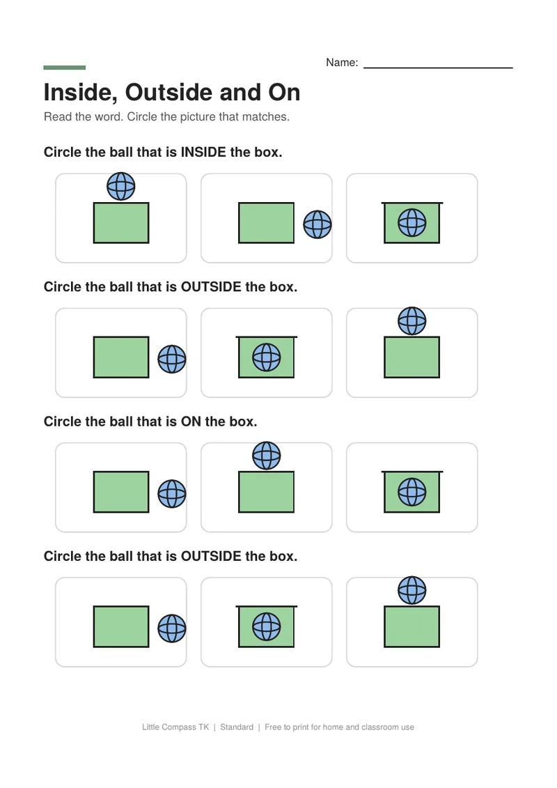 Printable worksheet with three pictures per row showing a ball inside, outside or on a box